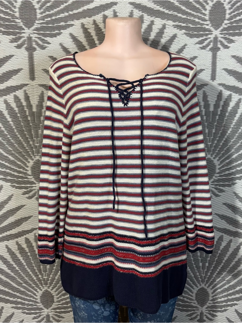 Vtg Ralph Lauren LRL Sweater L Striped Lace Up Nautical Preppy Cotton Y2K